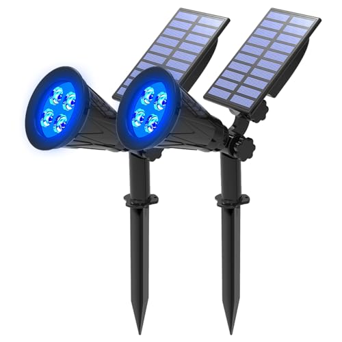 T-SUNUS أضواء شمسية زرقاء خارجية من T-SUNUS لعيد الميلاد، 2 وضعيات، كشافات حديقة مقاومة للماء IP65، أمان تلقائي، إضاءة المناظر الطبيعية، ضوء كشاف للبركة، للأشجار، الأعلام، الفناء، المرآب، الفناء الخلفي، الممر، المسبح، هالوين، عبوة 2 - Image 1
