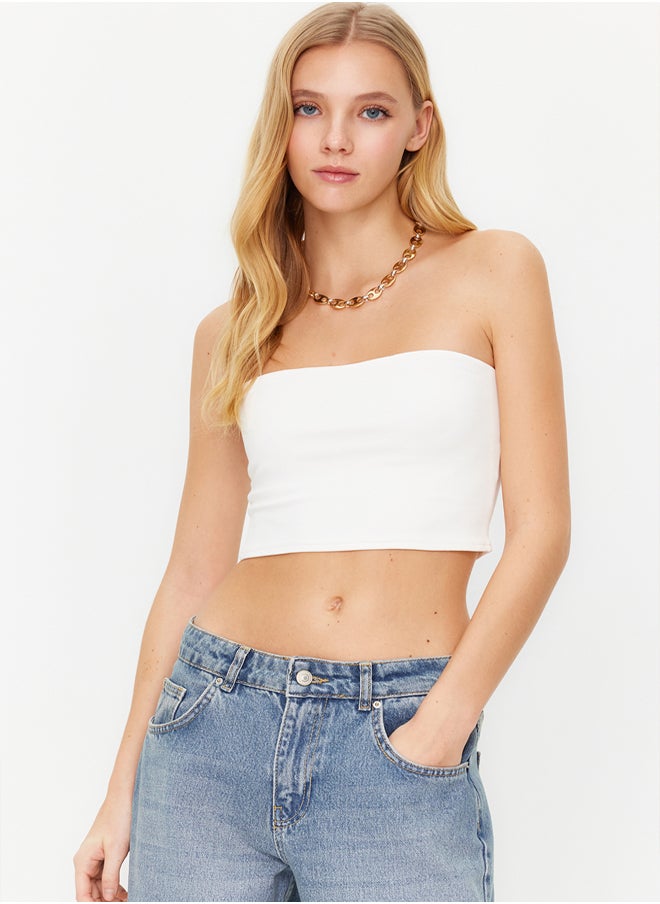 trendyol - Ecru Fitted Strapless Neck Crop Stretchy Knitted Blouse TWOSS24BZ00055 - Image 1