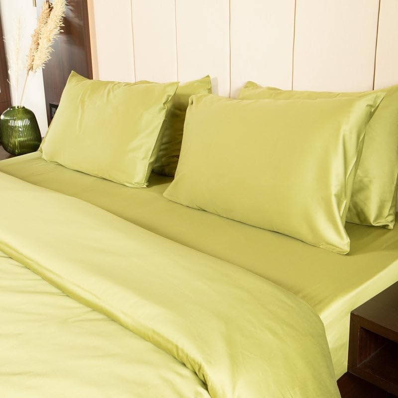 Oyvu Luxury Elastic Fitted Bedsheet | King Size | 300TC | Mosstone Colour | 100% Cotton | Solid Pattern Sateen Weave | 1 Fitted Bedsheet, 2 Pillow Covers for Bedroom, Living Room | 72" x 78”+12" inch - Image 1