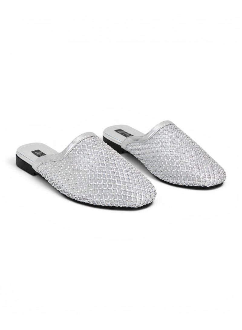LIFESTYLISH Mule flat leather Diamond-studded mesh design SB-706 - Silver - Image 1