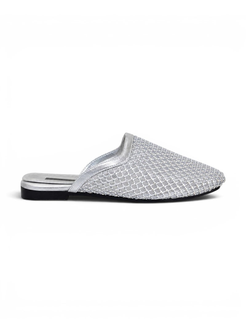 LIFESTYLISH Mule flat leather Diamond-studded mesh design SB-706 - Silver - Image 2