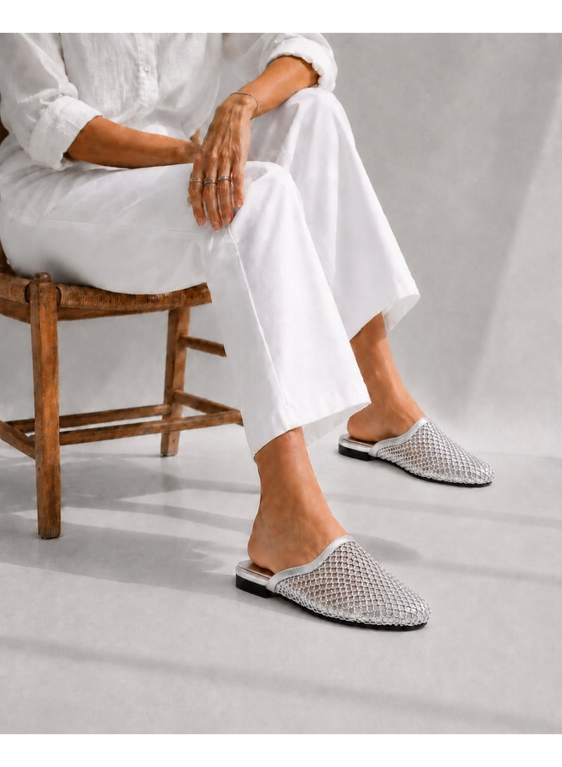 LIFESTYLISH Mule flat leather Diamond-studded mesh design SB-706 - Silver - Image 3