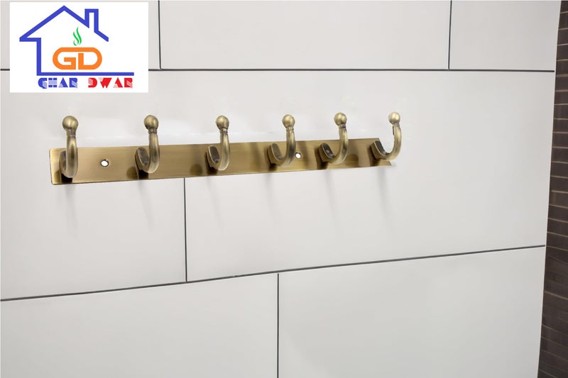GHAR DWAR Goli Stainless Steel 6-Pin Wall Mount Hook Strip in Antique Brass, Heavy Duty Clothes Hanger for Scarf, Coat, Keys & Towels, Decorative Door & Wall Hook Rail for Home and Office (Pack of 2) - Image 2