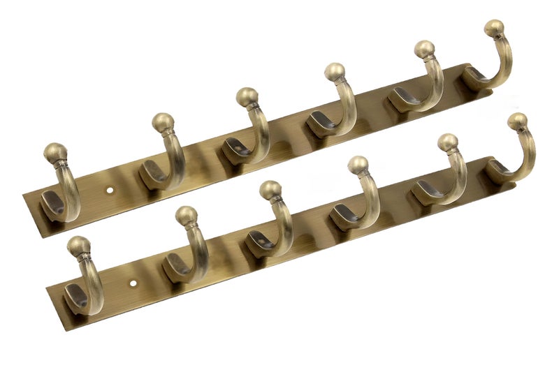GHAR DWAR Goli Stainless Steel 6-Pin Wall Mount Hook Strip in Antique Brass, Heavy Duty Clothes Hanger for Scarf, Coat, Keys & Towels, Decorative Door & Wall Hook Rail for Home and Office (Pack of 2) - Image 1