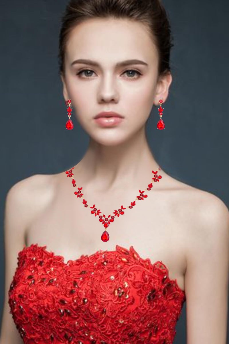 Paxuan Bridal Wedding Elegant Floral Jewelry Set for Women/Brides/Bridesmaids Crystal Jewelry Set for Wedding Prom Party Bridal Crystal Necklace Earrings Bracelet Set (Red (14KC gold plated)) - Image 2