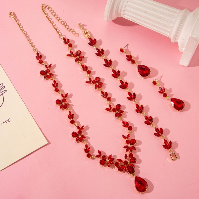Paxuan Bridal Wedding Elegant Floral Jewelry Set for Women/Brides/Bridesmaids Crystal Jewelry Set for Wedding Prom Party Bridal Crystal Necklace Earrings Bracelet Set (Red (14KC gold plated)) - Image 4