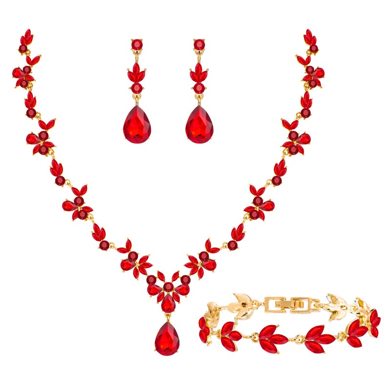 Paxuan Bridal Wedding Elegant Floral Jewelry Set for Women/Brides/Bridesmaids Crystal Jewelry Set for Wedding Prom Party Bridal Crystal Necklace Earrings Bracelet Set (Red (14KC gold plated)) - Image 1