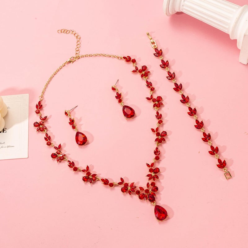 Paxuan Bridal Wedding Elegant Floral Jewelry Set for Women/Brides/Bridesmaids Crystal Jewelry Set for Wedding Prom Party Bridal Crystal Necklace Earrings Bracelet Set (Red (14KC gold plated)) - Image 5