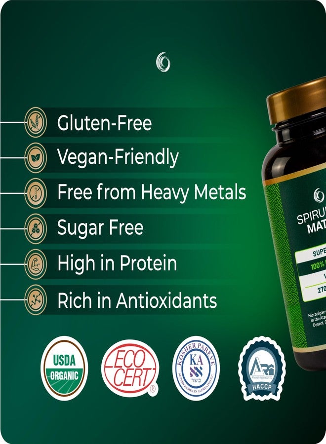 SpirulinaMater أقراص سبيرولينا عضوية معتمدة من وزارة الزراعة الأمريكية، مزروعة في صحراء أتاكاما، مكمل غذائي نباتي فائق، طحالب غنية بالعناصر الغذائية للصحة اليومية والطاقة، 270 قرصًا - Image 3