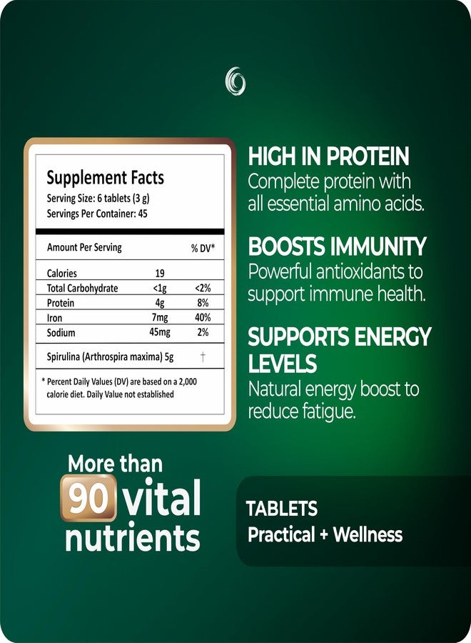 SpirulinaMater أقراص سبيرولينا عضوية معتمدة من وزارة الزراعة الأمريكية، مزروعة في صحراء أتاكاما، مكمل غذائي نباتي فائق، طحالب غنية بالعناصر الغذائية للصحة اليومية والطاقة، 270 قرصًا - Image 2