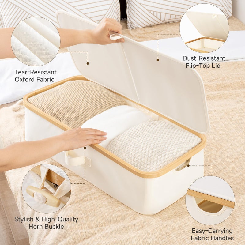 StorageWorks Underbed Storage Containers with Lids, 2-Pack 7" Low Profile Under Bed Storage Box with Bamboo Frame for Clothes, Bedding, Blankets and Shoes, 42L Sturdy Fabric Organizer, Beige - Image 3