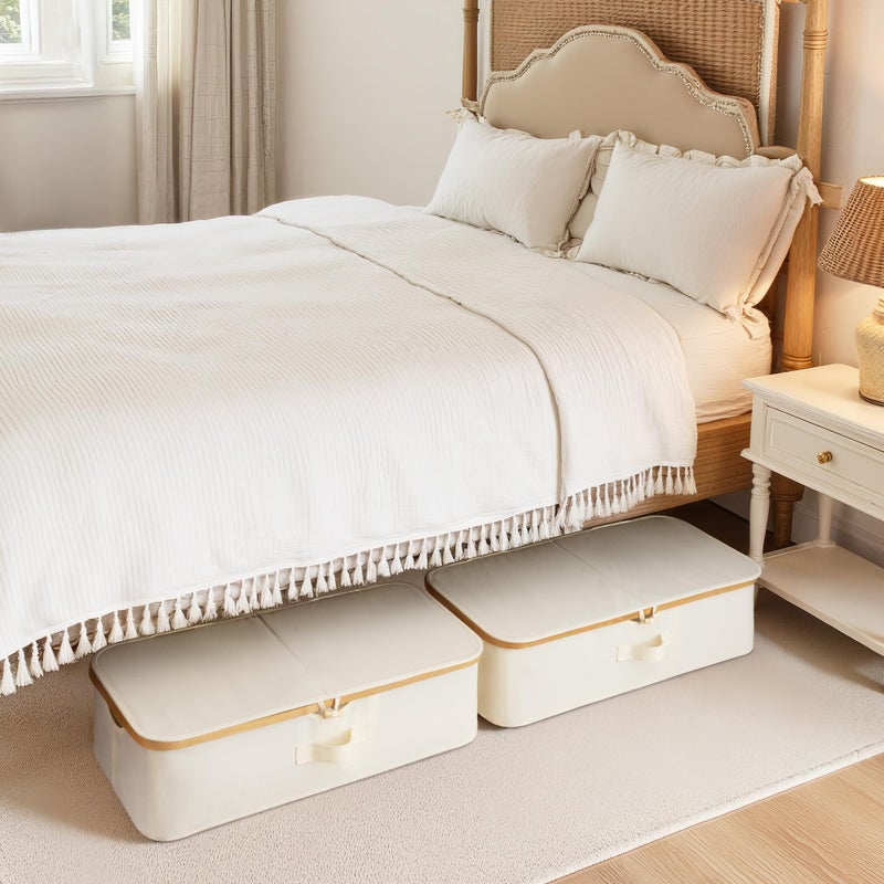 StorageWorks Underbed Storage Containers with Lids, 2-Pack 7" Low Profile Under Bed Storage Box with Bamboo Frame for Clothes, Bedding, Blankets and Shoes, 42L Sturdy Fabric Organizer, Beige - Image 2