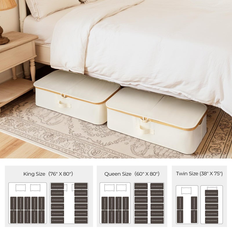 StorageWorks Underbed Storage Containers with Lids, 2-Pack 7" Low Profile Under Bed Storage Box with Bamboo Frame for Clothes, Bedding, Blankets and Shoes, 42L Sturdy Fabric Organizer, Beige - Image 4