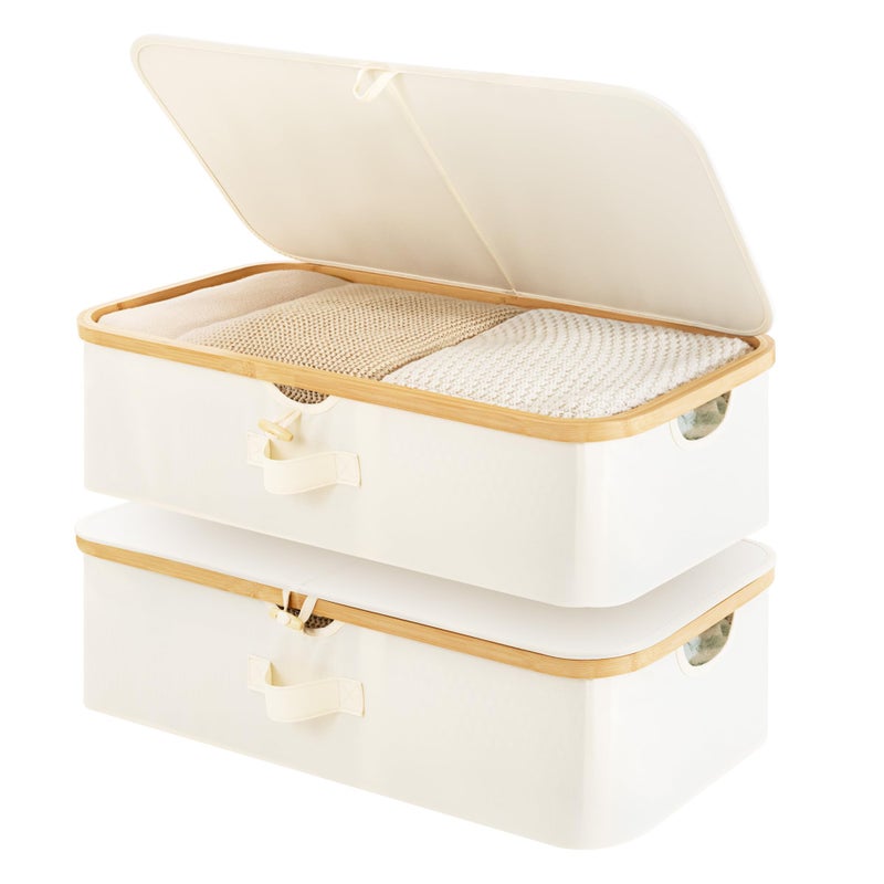 StorageWorks Underbed Storage Containers with Lids, 2-Pack 7" Low Profile Under Bed Storage Box with Bamboo Frame for Clothes, Bedding, Blankets and Shoes, 42L Sturdy Fabric Organizer, Beige - Image 1