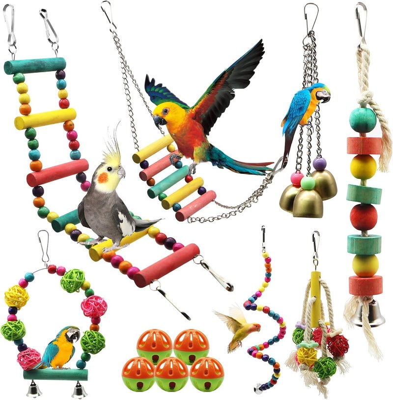 MQUPIN 9 Pack Bird Swing Toys, Hanging Toys with Climbing Ladders, Wooden Perch for Small  Parrots - Image 1