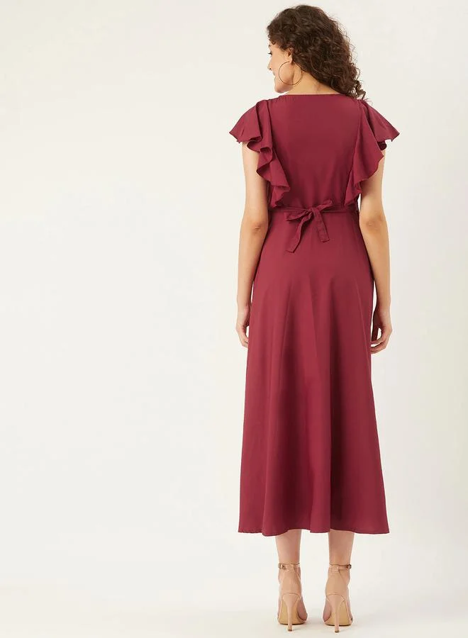 U&F Embroidery Detail A-Line Midi Dress with Frill Sleeves by Styli