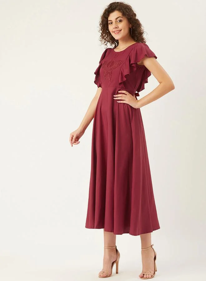 U&F Embroidery Detail A-Line Midi Dress with Frill Sleeves by Styli