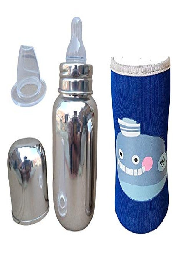 Lappu Double Kids Stainless Steel/Steel Feeder, Anti Colic 2 in 1 Feeding Bottle/Spout Sipper (220ml with Cover Blue.) - Image 1
