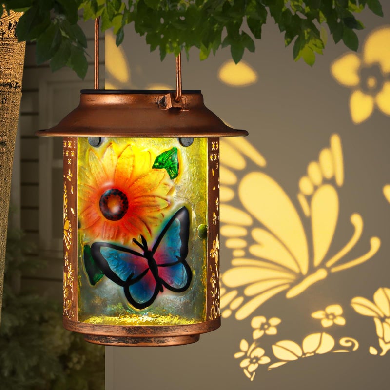 Tepaken Butterfly Solar Lanterns Outdoor Waterproof, Birthday Gifts for Women Mom Grandma , Metal Garden Decor Hanging Solar Lights Outside Decorative for Yard Patio Backyard Porch Decorations(Sunflower) - Image 1