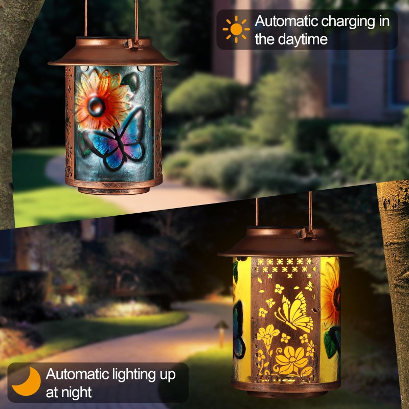 Tepaken Butterfly Solar Lanterns Outdoor Waterproof, Birthday Gifts for Women Mom Grandma , Metal Garden Decor Hanging Solar Lights Outside Decorative for Yard Patio Backyard Porch Decorations(Sunflower) - Image 2