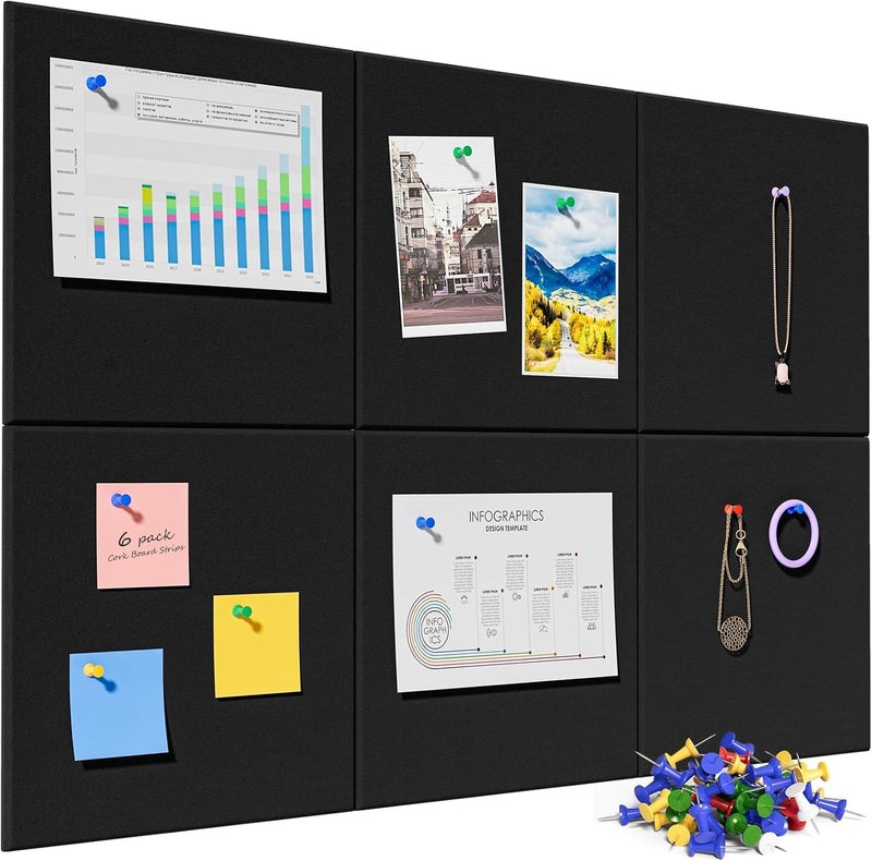 Fennec Mart Large Felt Bulletin Board 30x30cm Self-Adhesive Message Boards with 50 Pushpins, Decorative Felt Wall Tiles for Home, Office & School Notice Display (Black 6 Pcs) - Image 1
