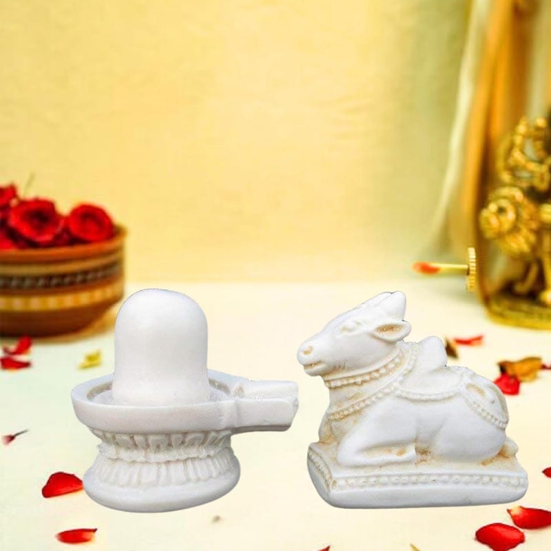 Salvus APP SOLUTIONS White Marble Dust ShivlingShiva Pindi with Nandi for Temple HomeOffice Decor Car Dashboard 5 cm - Image 1