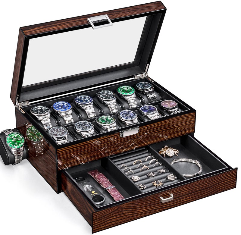 BEWISHOME HighEnd Watch Case 12 Slot Watch Box with Valet Drawer Luxury 2Layer Watch Display Case for Jewelry Wooden Watch Holder Watch Organizer for Men Women Brown SSH02Y
