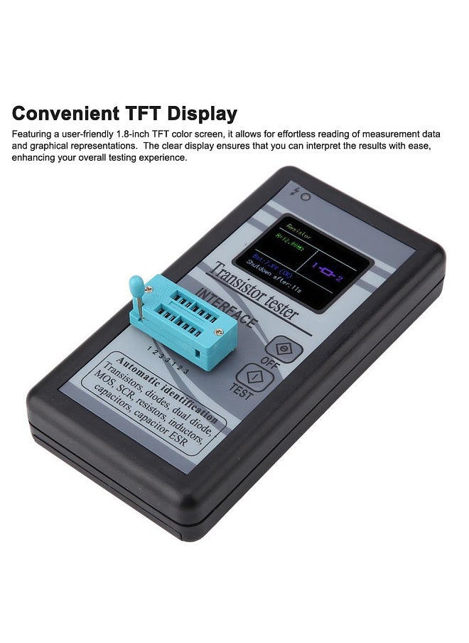 Generic - Transistor Tester NPN PNP Transistor Diode Resistor Inductor Capacitance MOS SCR ESR Meter with 1.8 Inch TFT Screen Automatic Pin Detection - Image 1