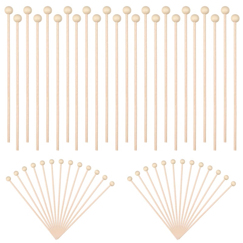 Pretwad 50 Pack Wooden Rock Candy Sticks with Ball Tips- 6 Inch Natural Wood Cake Pop & Drink Stirrer Sticks, Wood Swizzles Sticks for Chocolate Dipping & Coffee(15cm, Round Ball Head, Bulk) - Image 1