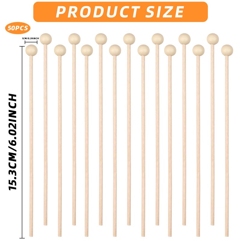 Pretwad 50 Pack Wooden Rock Candy Sticks with Ball Tips- 6 Inch Natural Wood Cake Pop & Drink Stirrer Sticks, Wood Swizzles Sticks for Chocolate Dipping & Coffee(15cm, Round Ball Head, Bulk) - Image 2