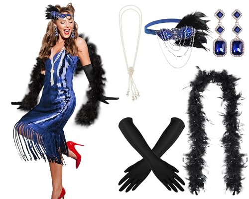 Tisancy 7 Pcs 1920s Women's Flapper Dress Sequin Dress Costume Headwear Earring Necklace Glove Stick Set and Long Feather Boa (Royal Blue,Large) - Image 2