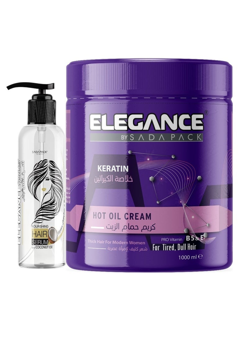 Elegance Hair Care Combo – Hot Oil Keratin Cream 1000ml + Aloe Vera Hair Serum 120ml | Intensive Repair & Nourishing Shine Duo
