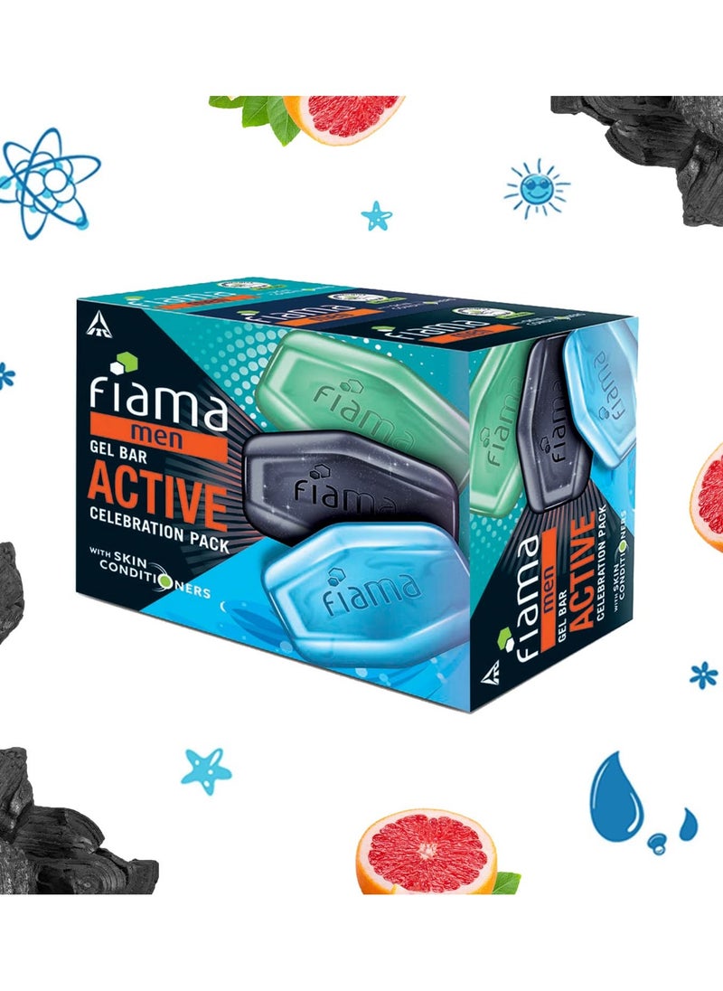 Fiama - Fiama Men Gel Bar Active Celebration Pack with 3 unique gel bars, Charcoal and Grapefruit Gel Bar, Refreshing Pulse and Energising Sport for moisturised skin 125g soap - Image 1