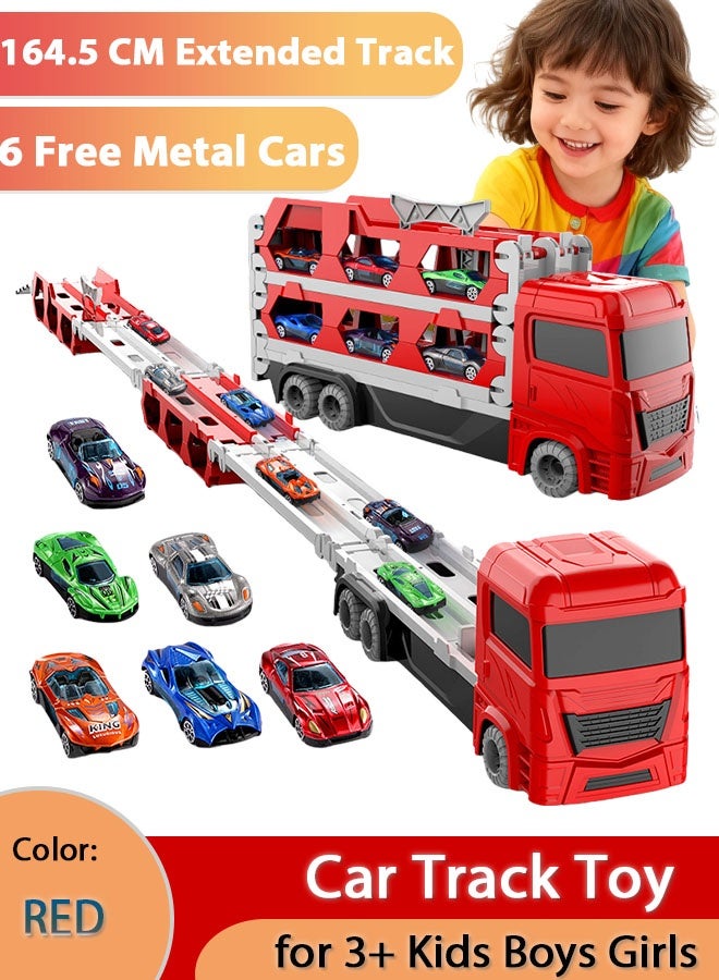 FLYHSO Race Car Track Toy Truck Toy with Dual Race Track and Ejection Car, Big Truck Folding Storage Track Alloy Racing Car Transporter Inertia Truck with 6 Alloy Cars Vehicles Toy Set for 3+ Kids Boys Girls  (Red) - Image 1