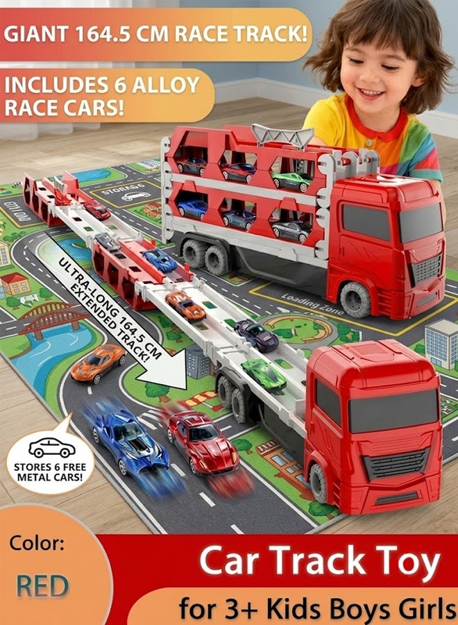 FLYHSO Race Car Track Toy Truck Toy with Dual Race Track and Ejection Car, Big Truck Folding Storage Track Alloy Racing Car Transporter Inertia Truck with 6 Alloy Cars Vehicles Toy Set for 3+ Kids Boys Girls  (Red) - Image 1