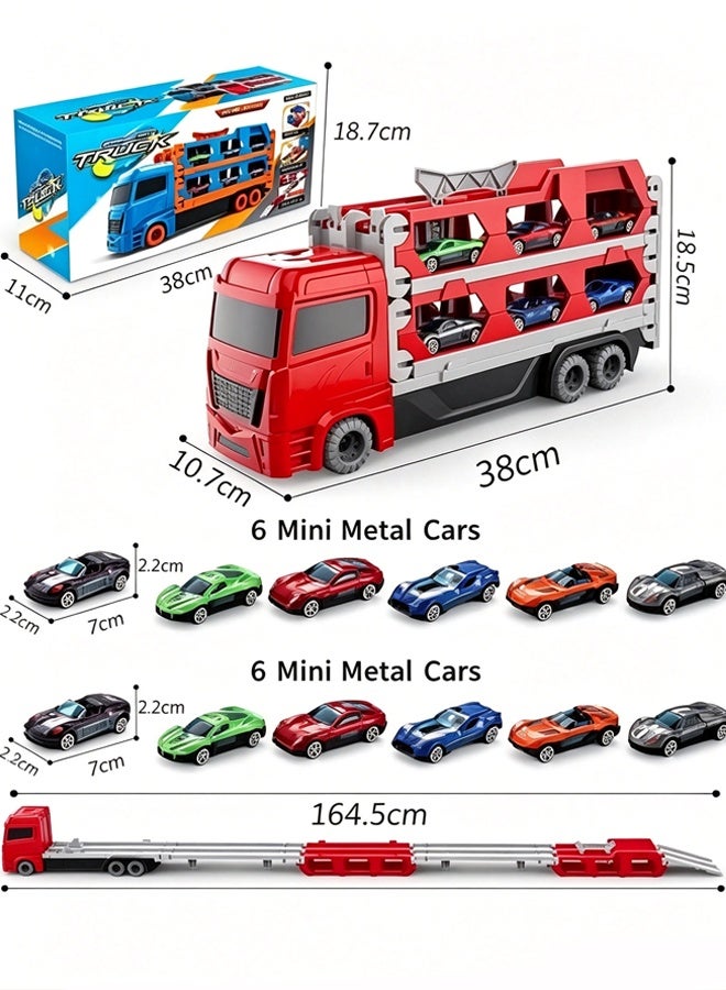 FLYHSO Race Car Track Toy Truck Toy with Dual Race Track and Ejection Car, Big Truck Folding Storage Track Alloy Racing Car Transporter Inertia Truck with 6 Alloy Cars Vehicles Toy Set for 3+ Kids Boys Girls  (Red) - Image 2