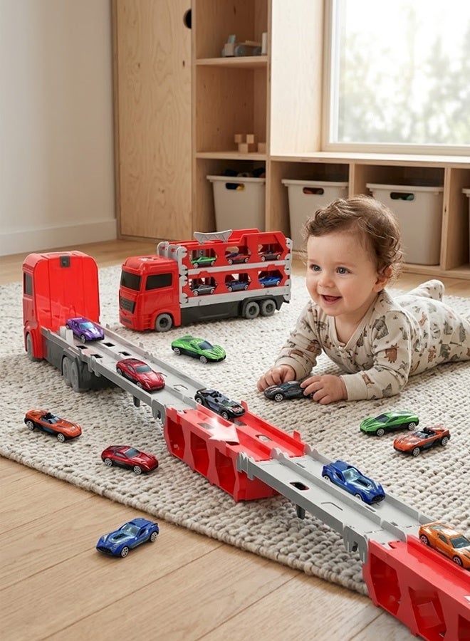 FLYHSO Race Car Track Toy Truck Toy with Dual Race Track and Ejection Car, Big Truck Folding Storage Track Alloy Racing Car Transporter Inertia Truck with 6 Alloy Cars Vehicles Toy Set for 3+ Kids Boys Girls  (Red) - Image 3