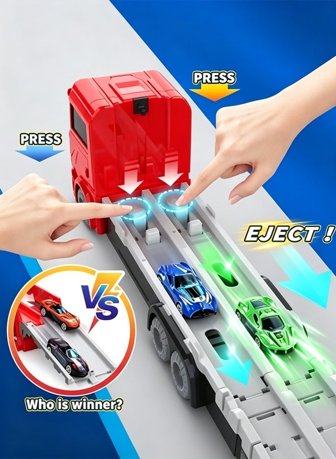 FLYHSO Race Car Track Toy Truck Toy with Dual Race Track and Ejection Car, Big Truck Folding Storage Track Alloy Racing Car Transporter Inertia Truck with 6 Alloy Cars Vehicles Toy Set for 3+ Kids Boys Girls  (Red) - Image 5