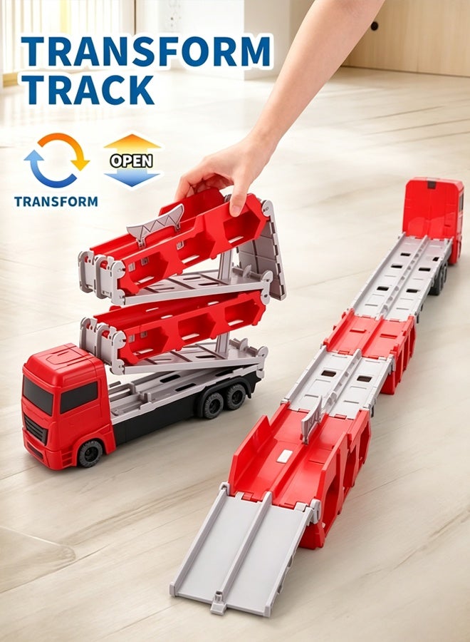 FLYHSO Race Car Track Toy Truck Toy with Dual Race Track and Ejection Car, Big Truck Folding Storage Track Alloy Racing Car Transporter Inertia Truck with 6 Alloy Cars Vehicles Toy Set for 3+ Kids Boys Girls  (Red) - Image 4
