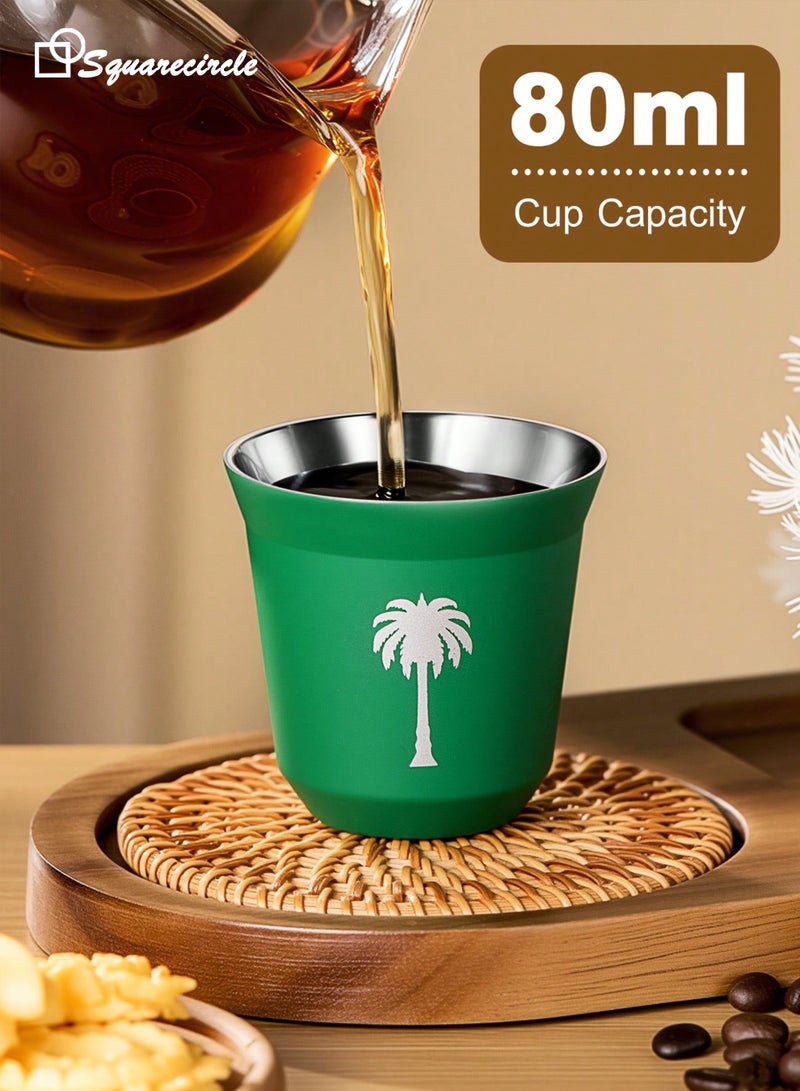 دائرة مربعة 80ml قطعة كوب قهوة عربي محمول، كوب شاي بطبعة زهرة التمر على الطراز السعودي، كوب إسبريسو، كوب قهوة سعودي، كوب ماء من الفولاذ المقاوم للصدأ 304 للتخييم في الهواء الطلق، كوب شرب مباشر للمشروبات الباردة غير قابل للكسر، هدية مثالية للأصدقاء والعائلة والأحباء - Image 2