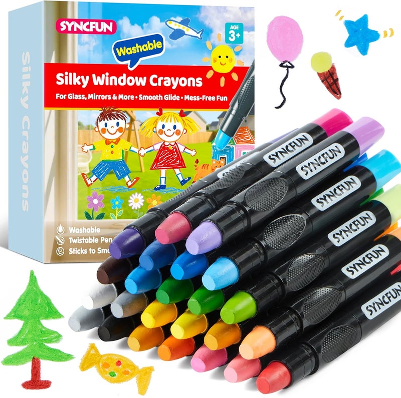 SYNCFUN 24 Pcs Twistable Silky Window Crayons, Washable Crayons for Paper, Window and Glass, Easy to Hold & Quick-Drying Arts & Crafts Supplies, Non-Toxic, Mess Free, Birthday Gifts for Kids Ages 3+ - Image 1
