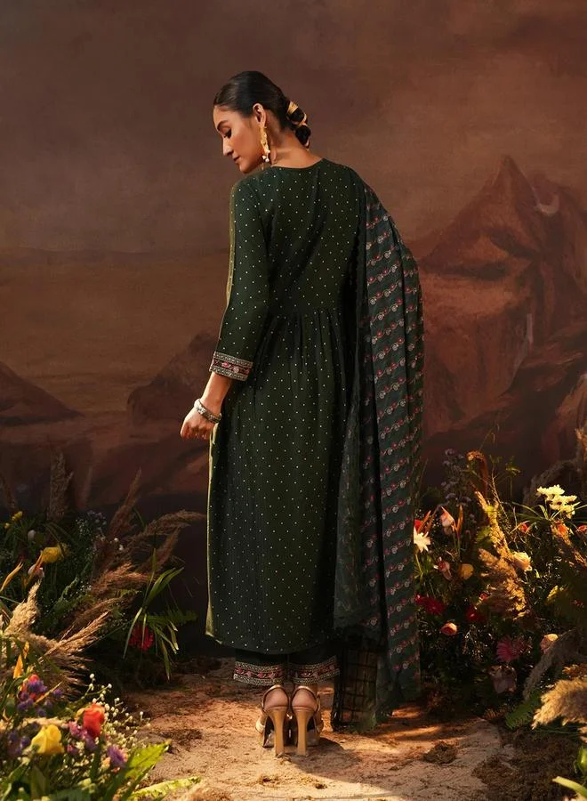 آي شين Women's Green Rayon Embellished Tunic Upper Calf Length Palazzo Bottom Straight Fit 3 Peice Kurta Set