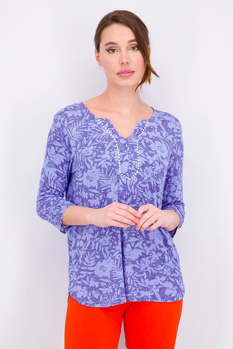 ELLEN TRACY Women Tunic Style Tropical Floral Pajama Top, Peri Blue - Image 1