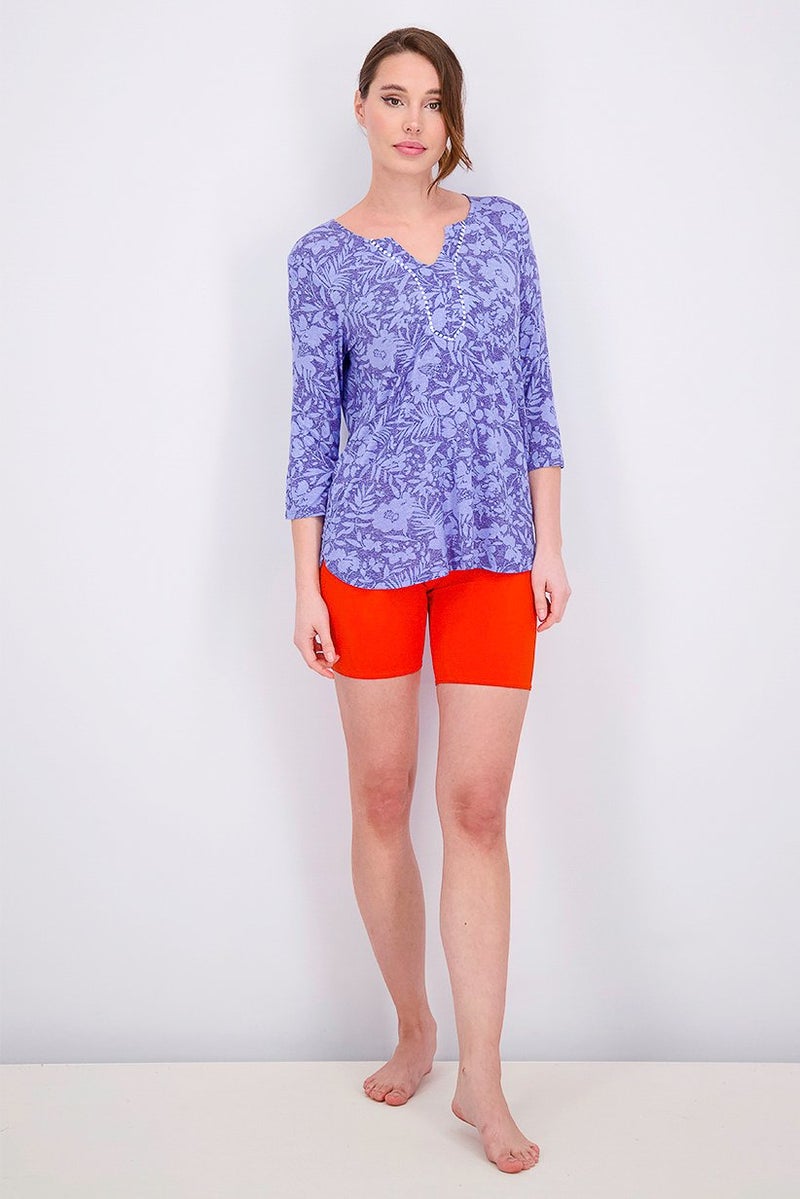 ELLEN TRACY Women Tunic Style Tropical Floral Pajama Top, Peri Blue - Image 3