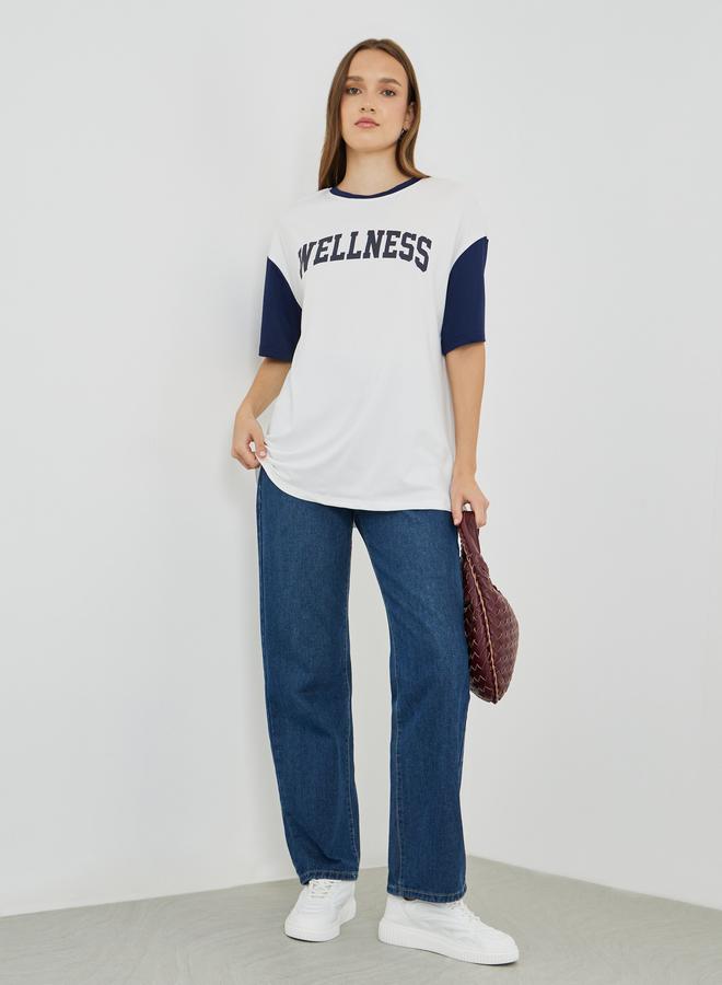 Take Two Slogan Print Color Block Round Neck T-Shirt - Image 2