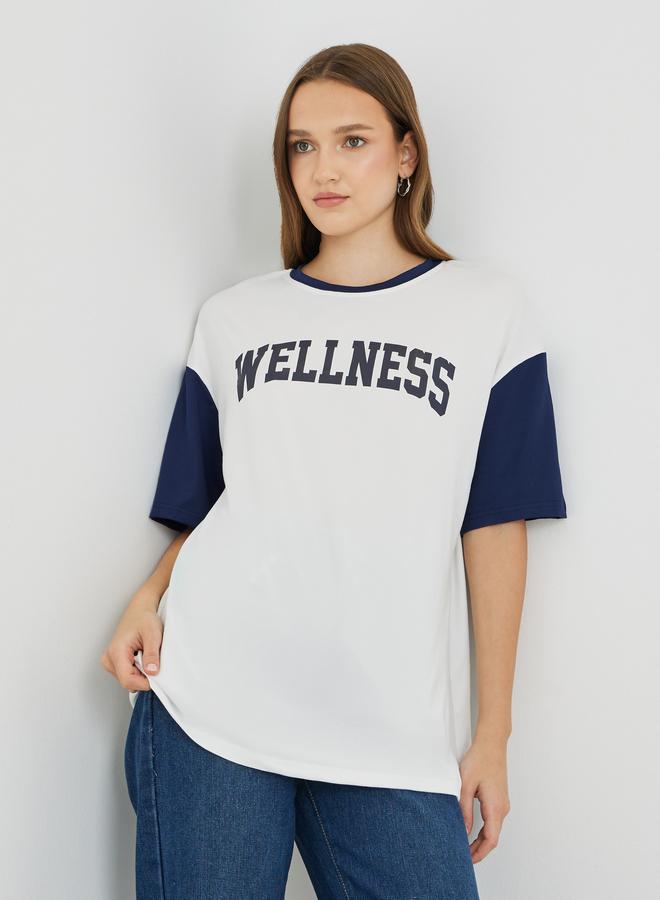 Take Two Slogan Print Color Block Round Neck T-Shirt - Image 1