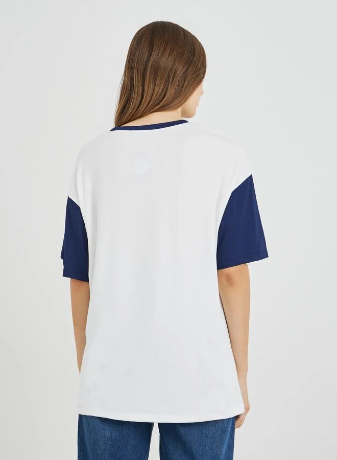 Take Two Take Two Slogan Print Color Block Round Neck T-Shirt