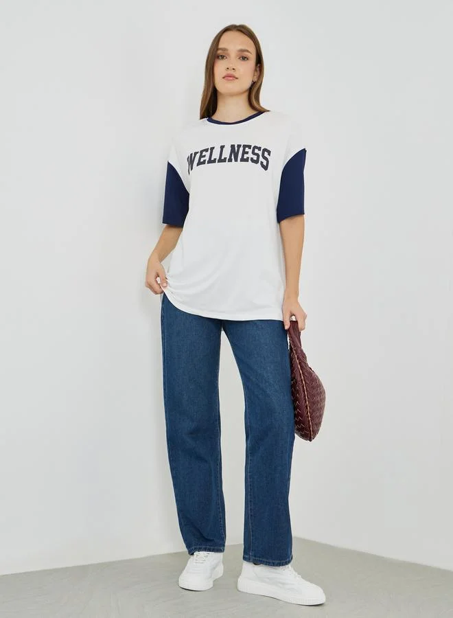 Take Two Take Two Slogan Print Color Block Round Neck T-Shirt