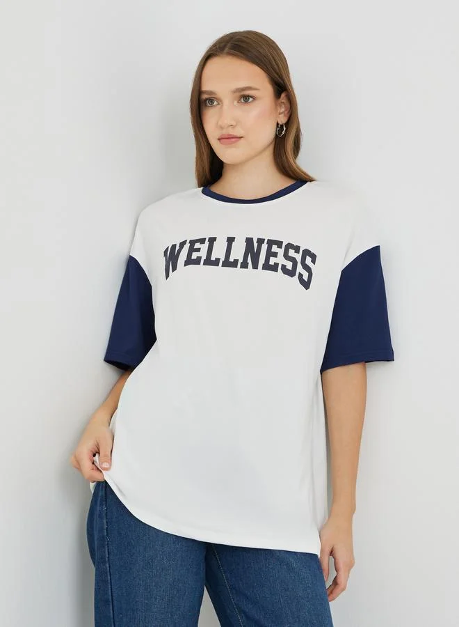 Take Two Take Two Slogan Print Color Block Round Neck T-Shirt