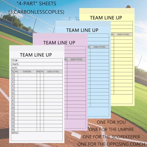 XUEJITECH 30 Sets Baseball/Softball Lineup Cards, 4-Part Carbonless Copies with Tearing Line, 30 Games with 16 Player Roster Lineup Sheet for Coaches, Team, Sports - Image 3